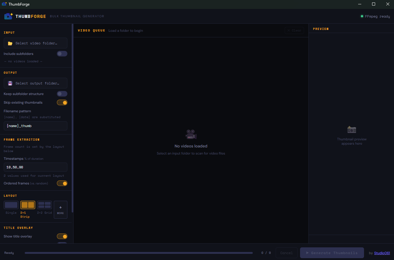 ThumbForge Screenshot. Ordnerauswahl und Parameter